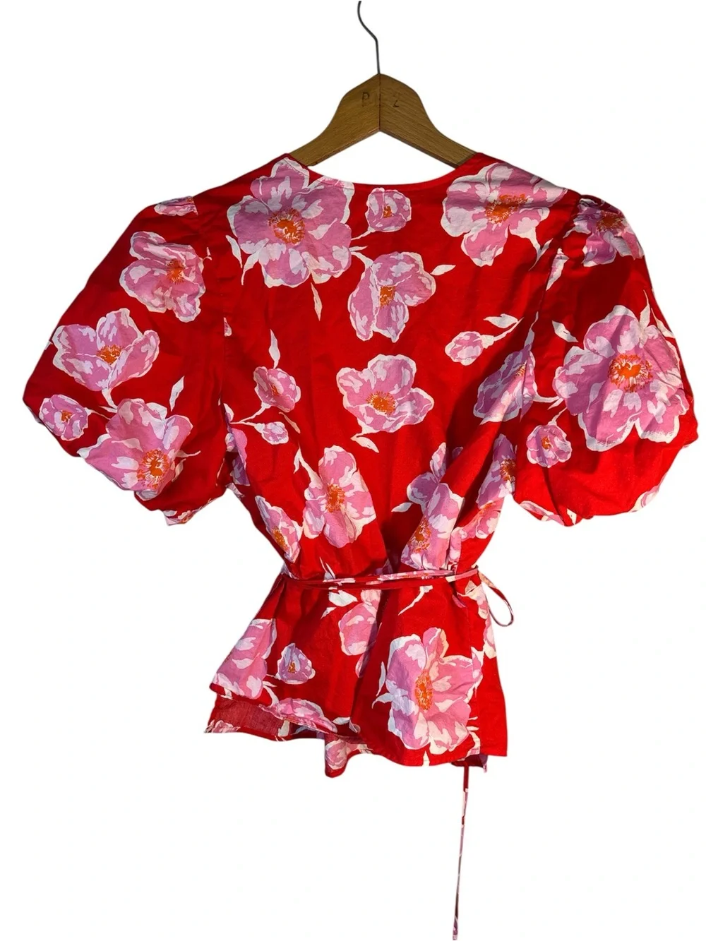 Old Navy Floral Puff Sleeve Peplum Wrap Top Waist Defining Tie XL Red Pink